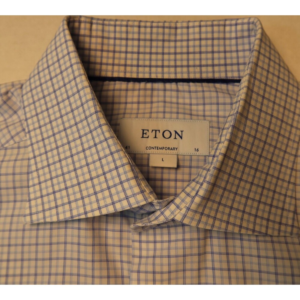 Eton Contemporary Dress Shirt Mens Size Large White/Blue Plaid Button Up - Picture 2 of 11